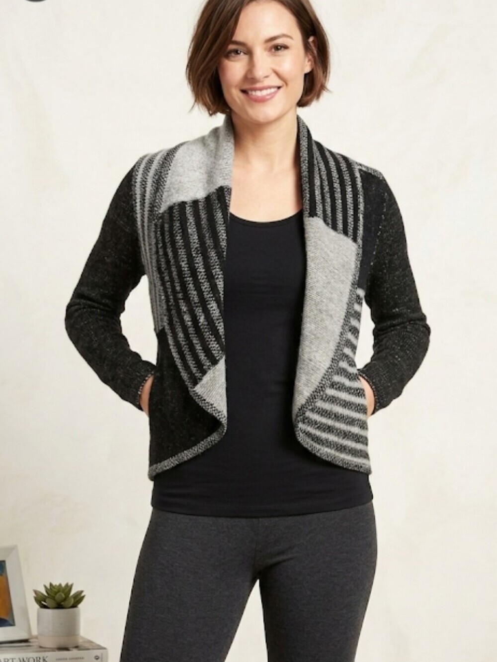 CAbi Patchwork Circle Cardigan Sweater Open Front Black Gray Wool Blend Size M